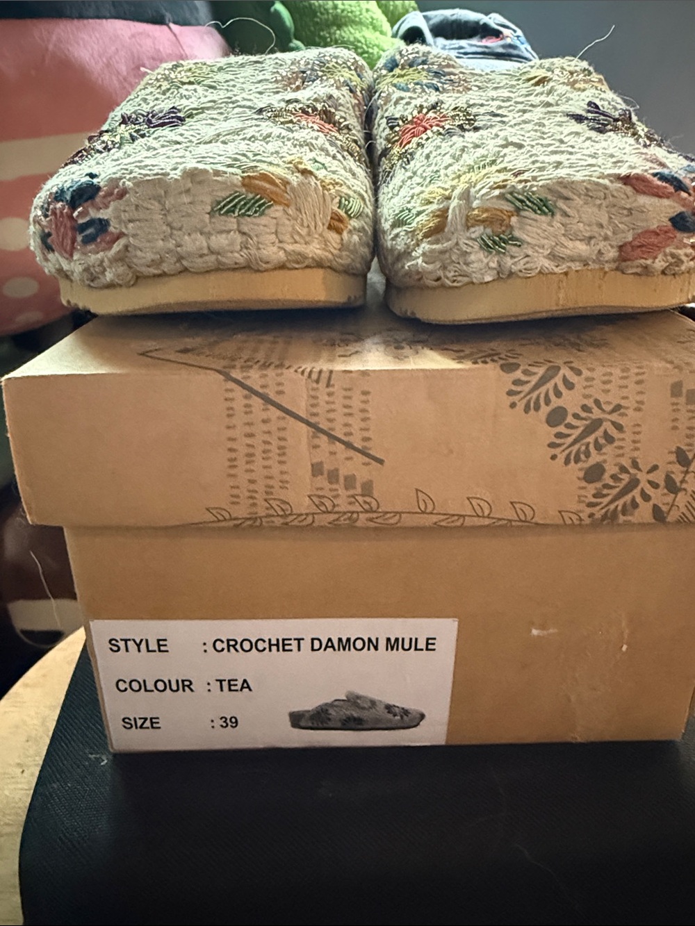 Crochet Damon Mule Slip-On - tea Color with Multicolor Embroidery